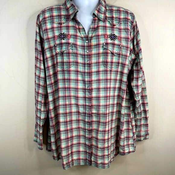 Wrangler Womens Western Country Cowgirl Top Size 3XL Plaid Embroidered Snap - Picture 1 of 16